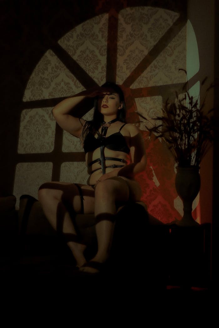 Artistic shot of a woman in fetish wear with dramatic shadows indoors.